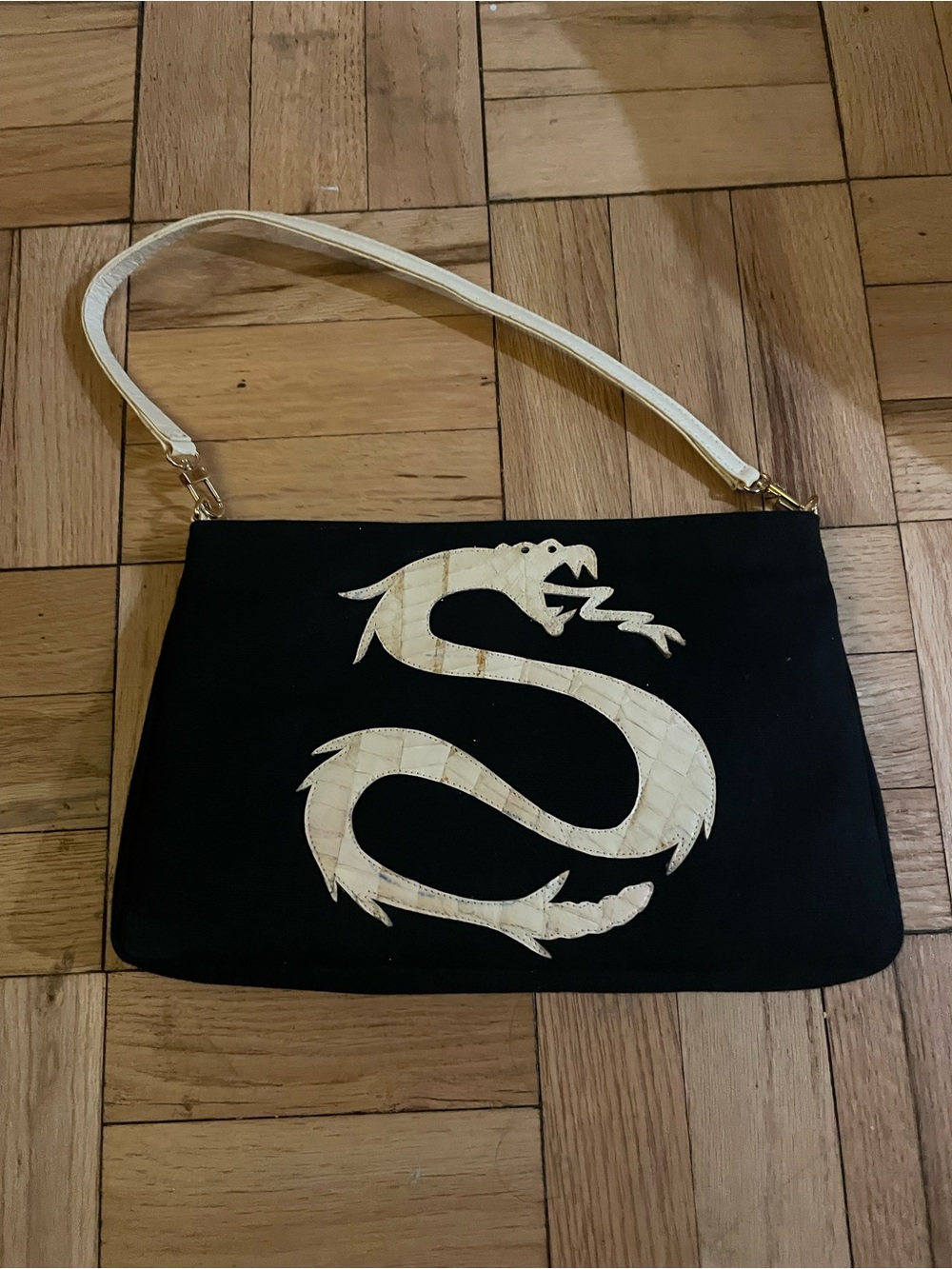 Y2K Black Shoulder Bag with Cream Snake Motif